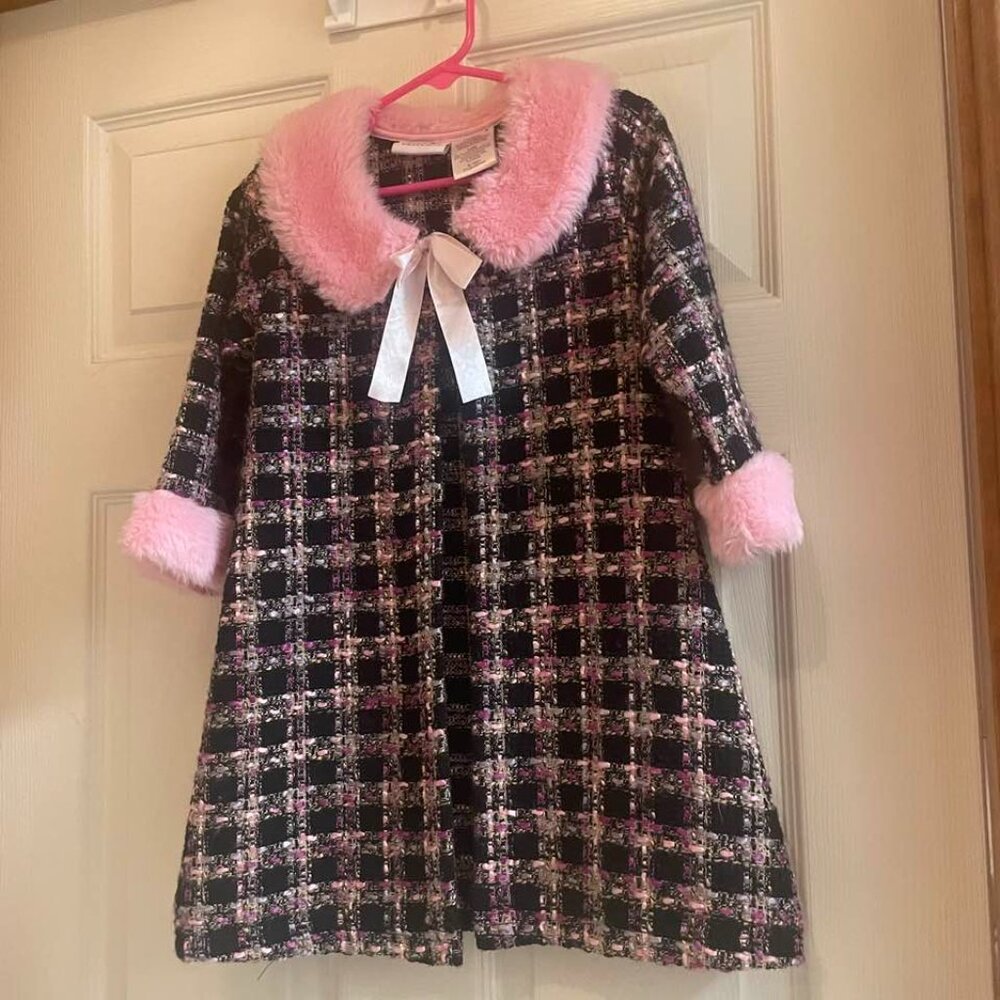 Retired Blueberi Boulevard 2 Pc Blk Velvet Dress w Pink Blk Tweed Dress Coat NWT